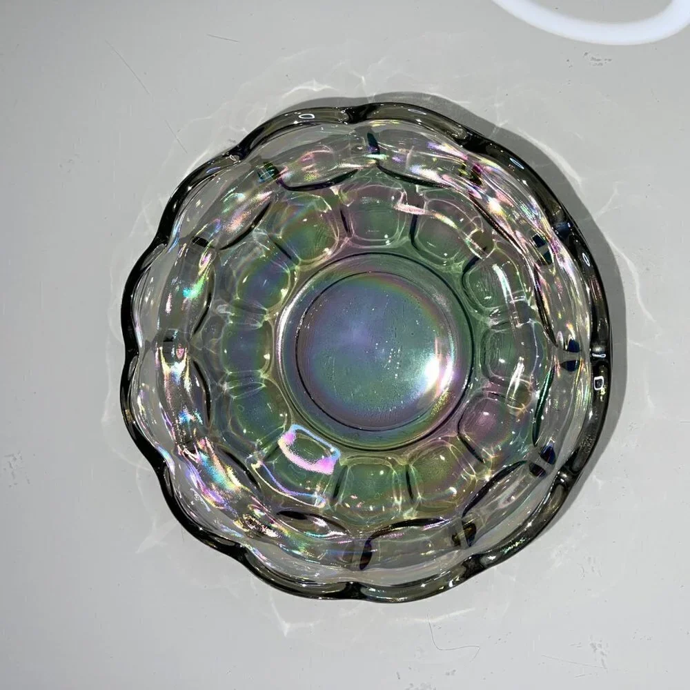Vintage Carnival Glass Thumb Print Bowl Iridescent Gray Round Decorative